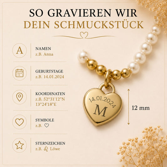 Perlenkette mit Herzanhänger graviert
