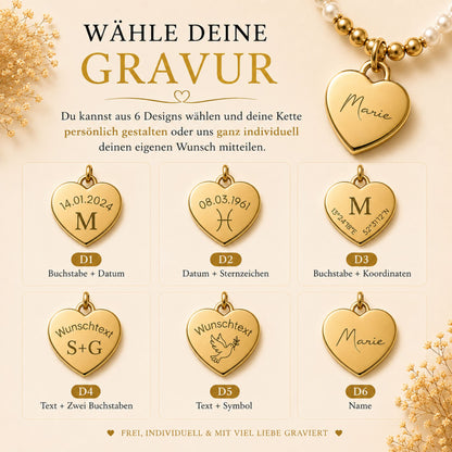Perlenkette mit Herzanhänger graviert