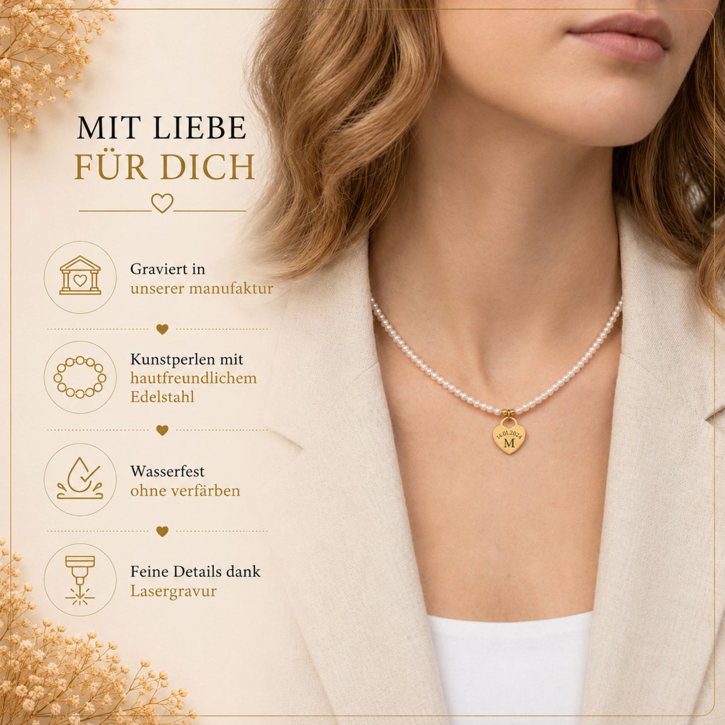 Perlenkette mit Herzanhänger graviert