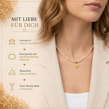Perlenkette mit Herzanhänger graviert