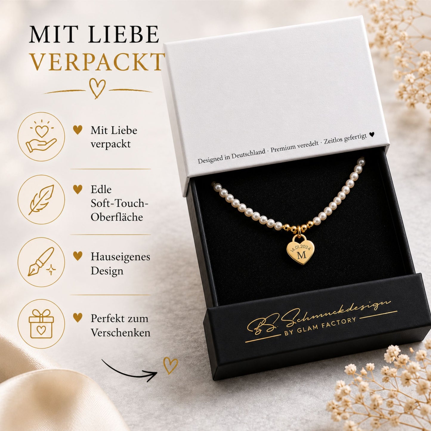 Perlenkette mit Herzanhänger graviert