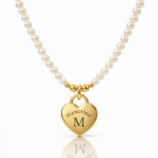 Perlenkette mit Herzanhänger graviert